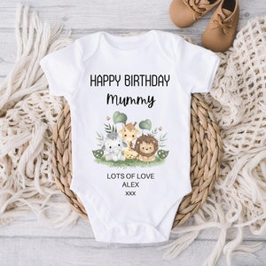 Happy Birthday Mummy Safari Baby Outfit, Happy Birthday Daddy/Nanny/Grandad Baby Grow, Happy Birthday Mummy Baby Vest, First Birthday Mummy