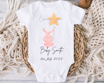 Personalised Pregnancy Baby Vest, Custom Announcement Baby Onesie, Coming Soon Babygrow, Baby Announcement Present, Baby Surname Sleepsuit