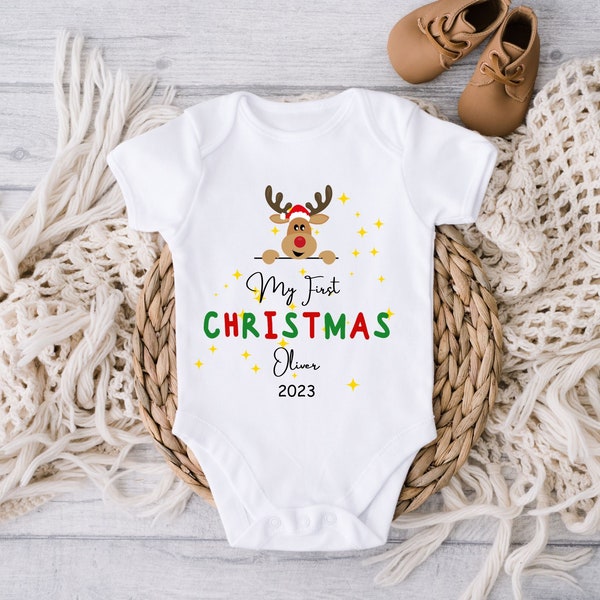 Personalized Merry Christmas Bodysuit, Baby's First Christmas Sleepsuit, First Christmas Gift Idea, Babygrow Sleepsuit Vest, Christmas Bib