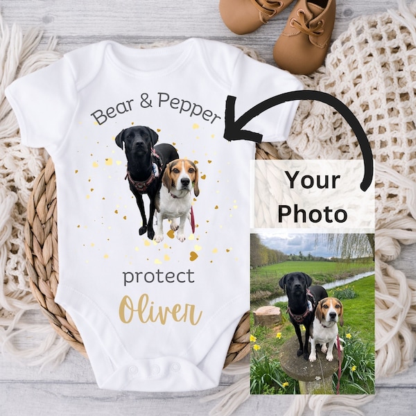 Personalised Baby Loved and Protected By Dog, Dog Owner New Baby Gift, Dog Breed Custom Baby Grow, Dog Lover Baby Vest, Dog Baby Shower Gift