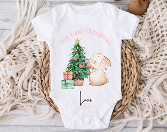 Personalized My First Christmas Baby Vest, Christmas Tree Babygrow Gift Set, Christmas Tree Bunny Print Sleepsuit, Christmas Bodysuit, Bib