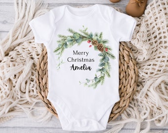 Personalized Merry Christmas Bodysuit, Christmas Custom Baby Outfit, Baby Christmas Gift Idea, Babygrow Sleepsuit Vest, Christmas Print Bib