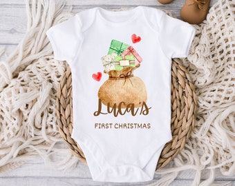 Personalized First Christmas Bodysuit, Christmas Custom Baby Outfit, Baby Christmas Gift Idea,First Christmas Babygrow Christmas Print Bib