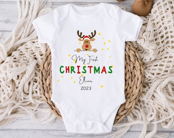 Personalized Merry Christmas Bodysuit, Baby's First Christmas Sleepsuit, First Christmas Gift Idea, Babygrow Sleepsuit Vest, Christmas Bib