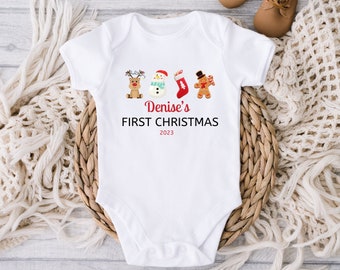 Personalized Babies First Christmas Sleepsuit, Christmas Custom Baby Outfit, Baby Christmas Present, Babygrow Vest, Christmas Print Bib