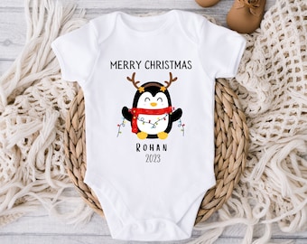 Personalized Merry Christmas Penguin Bodysuit, Merry Christmas Vest, Baby Christmas Gift Idea, Babygrow Sleepsuit Vest, Christmas Print Bib