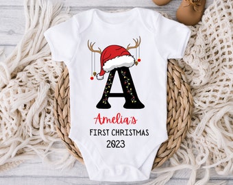 Personalized Baby Name Letter First Christmas Bodysuit, Custom Baby Outfit, Baby Christmas Present, Babygrow Sleepsuit, Christmas Print Bib