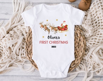Personalized First Christmas Baby Sleepsuit, Christmas Gift Idea, Christmas Outfit for Baby,  Babygrow Santa Cart Bib, Merry Christma Vest