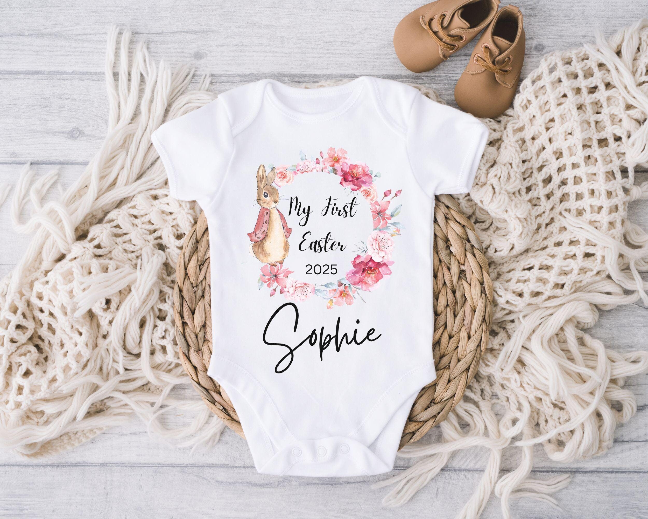 Tenue Pâques Bébé Fille 3 Pièces | Grenouillère Manches Courtes + Jupe Lapin + Bandeau | Tailles 0-18 Mois