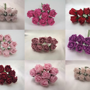May include: Assortment of 10 small artificial foam roses in various colours, including pink, red, purple, and white. The roses are arranged in bunches and have a realistic appearance.