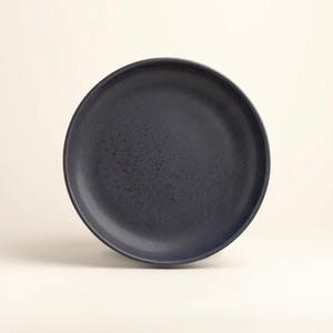 Puede incluir: Un plato de cerámica azul marino con una textura moteada. El plato es redondo con un borde ligeramente elevado. El plato es adecuado para servir alimentos.