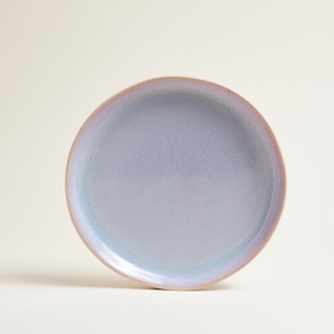 Può includere: Un piatto rotondo in ceramica con un centro azzurro e un bordo iridescente. Il bordo ha un colore rosa-marrone chiaro. Il piatto ha un design semplice ed elegante, adatto per servire cibo.