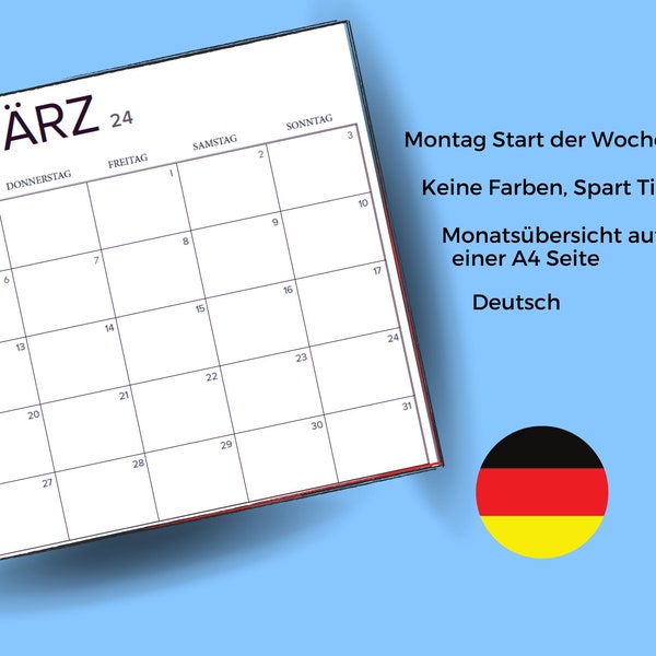 2024 minimalistischer Monatsplaner DEUTSCH Querformat Montag Start, Schwarzweiß Monatskalender, A4 Format, Print At Home PDF