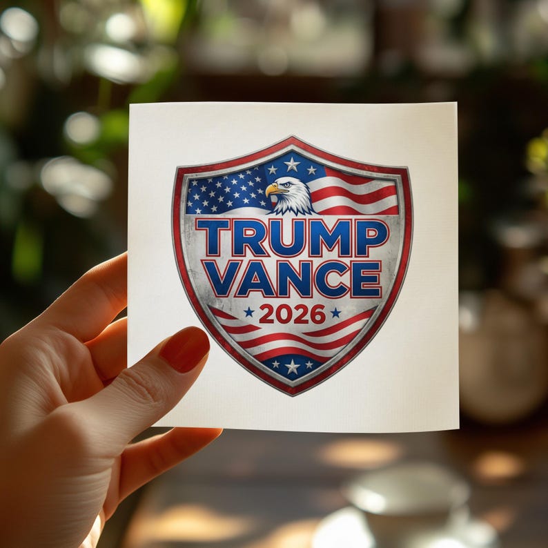 Trump Vance 2026 emblem with eagle on a white cloth.