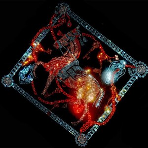 May include: A diamond-shaped design featuring a red and orange horse with a blue and silver border. The horse is made of rhinestones and sparkles.