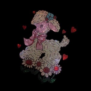 May include: A white and pink sparkly poodle with a pink bow and a flower crown, surrounded by red hearts and white flowers with yellow centers.