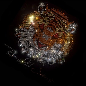 May include: A close-up of a tiger's face made of rhinestones. The tiger's face is orange, black, and white. The rhinestones are sparkling and reflect light.