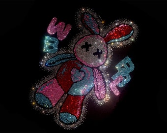 Transferencia de diamantes de imitación de conejo, hierro en hot fix, transferencia de diamantes de imitación Bling Hot Fix hierro en parche motivo diseño transferencia, Crystal Bling
