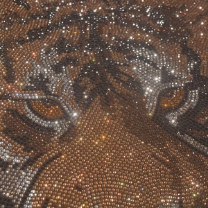 Op de afbeelding: Close-up van een tijgergezicht gemaakt van strass. De ogen van de tijger zijn gemaakt van bruine en heldere strass, en de vacht is gemaakt van bruine en heldere strass.