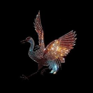 May include: A stylized crane made of iridescent rhinestones, with wings spread and a long neck, against a black background.