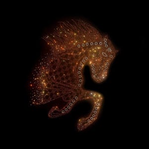 May include: A golden horse silhouette made of sparkling lights against a black background.