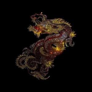 May include: A gold and red jeweled dragon design. The dragon is made of rhinestones and is set against a black background.