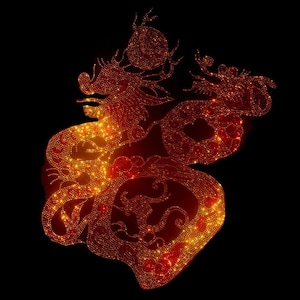 May include: A red and gold dragon design made of small, sparkling rhinestones. The dragon is curled up in a circle, with its head and tail touching. The design is on a black background.
