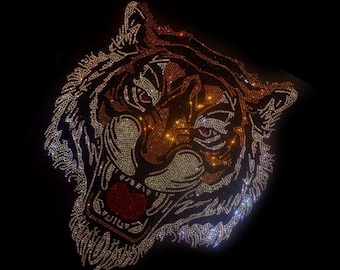 domineering Tiger head rhinestones iron heat transfer pattern patch，men&#39;s shirt Tiger decal, rhinestone pattern design, heat transfer