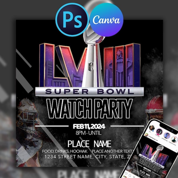 Editable Super Bowl 49ers vs Chiefs 2024 Watch Party Flyer, Edit On Canva And Photoshop cava SuperBowl