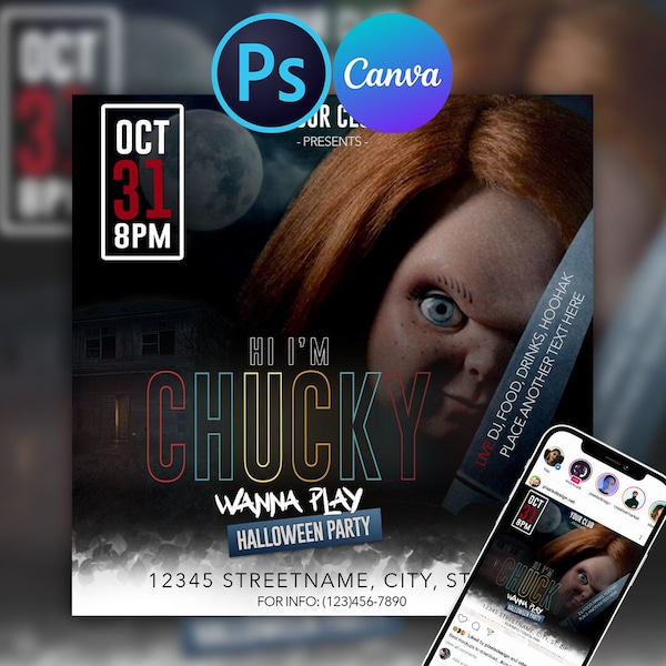 Halloween chucky Flyer, Social Media Flyer, Editable Halloween chucky Party Invitation, canva and photoshop Template, Halloween Party Flyer