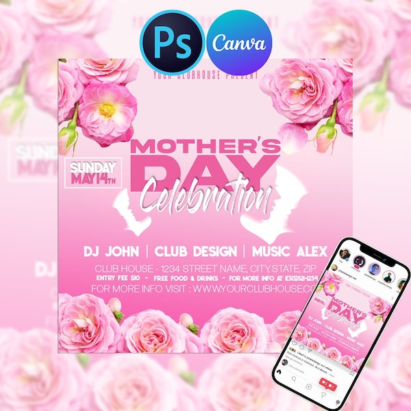 MOTHERS DAY Flyer, Editable Template, Editable Party Flyer, Edit On Canva And Photoshop