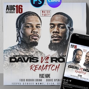 May include: A promotional poster and a smartphone display a boxing match advertisement. The poster features two men's portraits with the text "DAVIS VS ROACH REMATCH" and event details. The phone screen mirrors the poster's design.