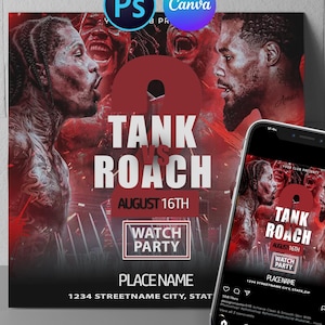 May include: A promotional poster and a smartphone display a boxing match advertisement. The poster features two fighters, the text "TANK ROACH", and "AUGUST 16TH". The smartphone shows the same design, promoting a watch party.