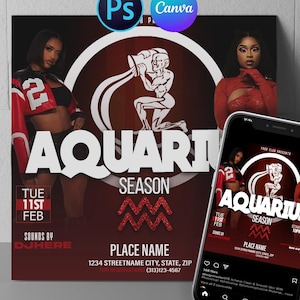 AQUARIUS Night Out Zodiac Flyer, Club Flyer, DIY Flyer Design, Event Flyer, Party Invitation Flyer, Stripper Party Flyer, Adult Party Flyer