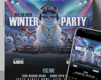 Bewerkbare uitnodiging winterfeest: sjabloon sneeuwfeest (digitale download)