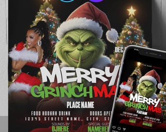 Bewerkbare Merry Grinchmas Christmas-uitnodiging kerstfeest uitnodiging winterfeest: sjabloon besneeuwde viering (digitale download)
