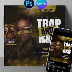 May include: A promotional flyer and a smartphone display a design for a "Trap and R&B" event. The flyer features a woman wearing sunglasses, a tiger, and the text "Friday". The smartphone shows the same design.