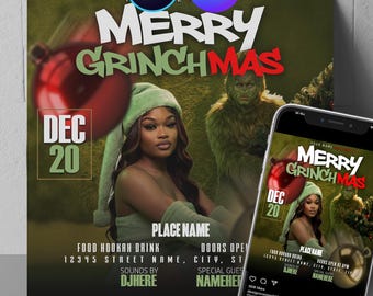 Bewerkbare Merry Grinchmas Christmas-uitnodiging kerstfeest uitnodiging winterfeest: sjabloon besneeuwde viering (digitale download)