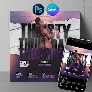 Può includere: Un volantino per un evento "Thirsty Thursday" con una donna in un abbigliamento rivelatore. Il volantino è strappato e ha uno schema di colori viola e nero. Il testo sul volantino recita "Thirsty Thursday" e "Sept 12 Thursday".