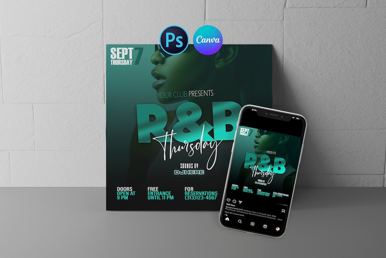 May include: A black and green flyer with a woman's face in the background. The flyer advertises an R&B Thursday event with free entrance until 11 PM. The text on the flyer reads "SEPT 7 THURSDAY, YOUR CLUB PRESENTS, R&B Thursday, SOUNDS BY DJHERE, DOORS OPEN AT 9 PM, FREE ENTRANCE UNTIL 11 PM, FOR RESERVATIONS (313)123-4567".