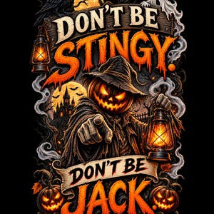 Peut inclure: Une illustration graphique montrant une silhouette à tête de citrouille portant un chapeau et une cape, pointant vers l'avant tout en tenant une lanterne allumée. Le texte indique DON'T BE STINGY et DON'T BE JACK, avec un corbeau et un fantôme.
