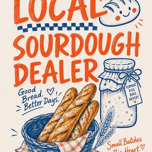 Peut inclure: Une impression graphique avec le texte LOCAL SOURDOUGH DEALER, Good Bread. Better Days., Ferment Rise Bake Repeat, Small Batches Big Heart et made with love & flour. Inclut un panier de baguettes, un bocal et un pain souriant.