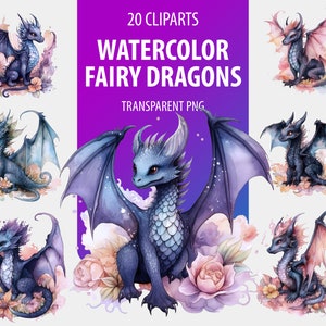 Watercolor Fairy Dragons Clipart - Watercolor fantasy Dragons clip art ilustrations Bundle, Soft Water colored PNG for Scrapbooking and more
