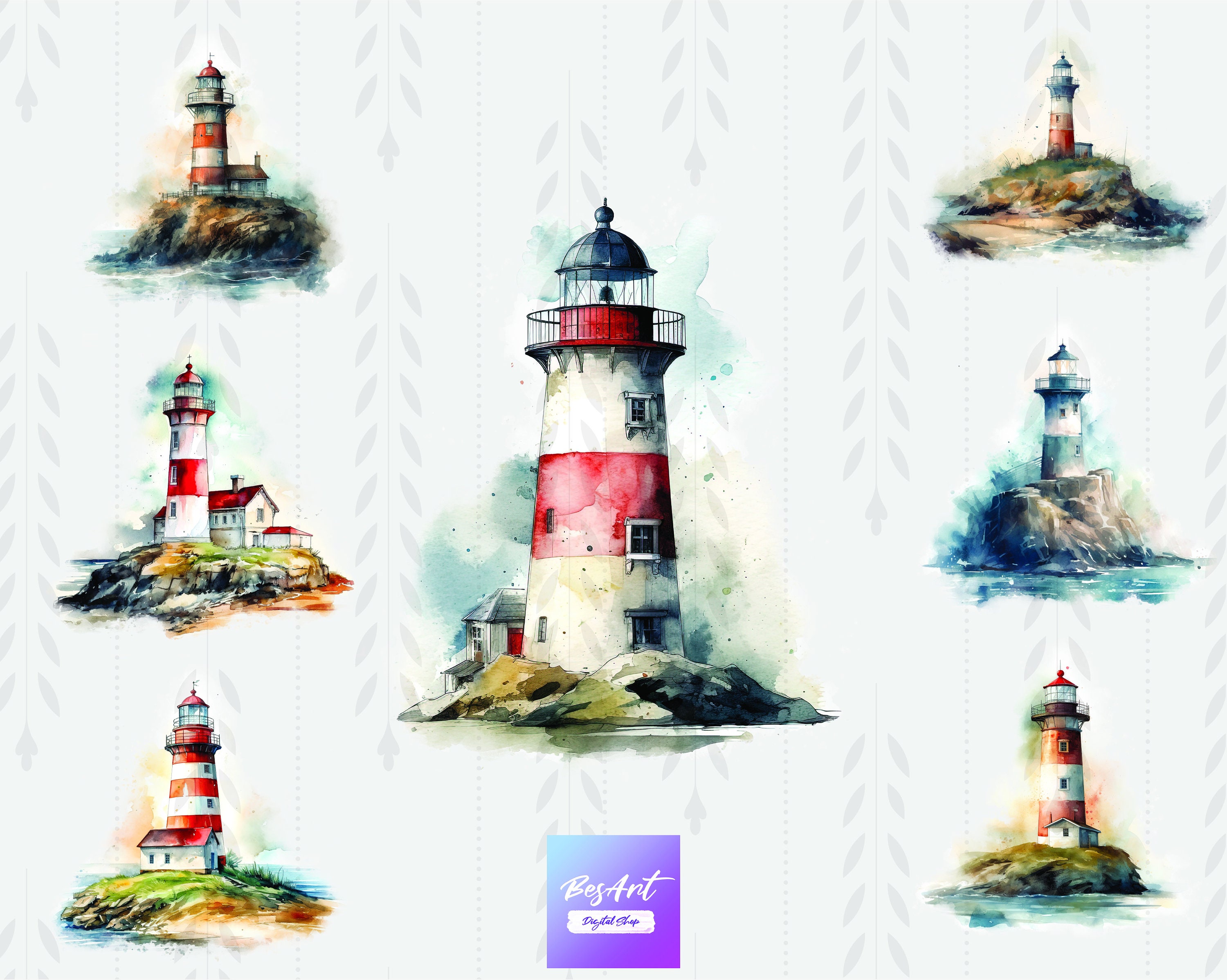 Watercolor Lighthouses Clipart, Watercolor Nautical Ocean Scenes Bundle ...