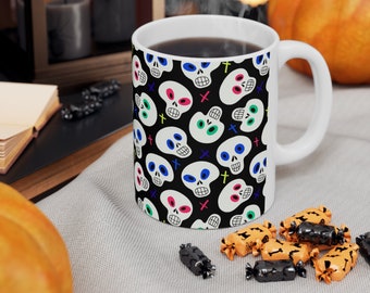 Colorful Skulls on Black Background Halloween-Themed Mug | Skull and Bones, Hot Pink Background, Spooky, Scary, Skeletons, Ceramic Mug, 11oz