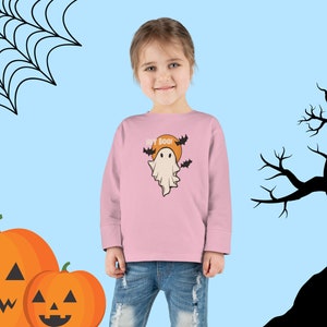 Hey Boo! - Cute Toddler Long Sleeve Tee | Halloween T-Shirt for Kids, Fall-Themed Toddler Shirt, Adorable Ghost, Scary Cute, Flying Bats