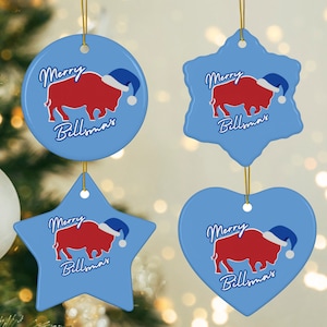 MERRY BILLSMAS Buffalo Bills Inspired Ceramic Christmas Ornaments | Four Shapes Available in 1pc, 3pcs, 5pcs, or 10pcs, Bills Christmas