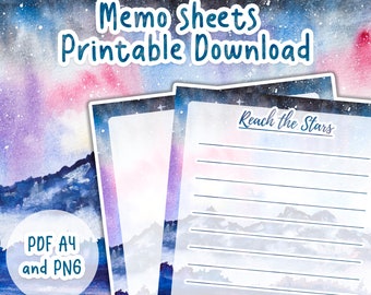 Printable Memo Sheet | Stars and Mountains | Watercolor Scenery | Landscape Memo Pad | Memo Set | Stationary Template | Instant Download