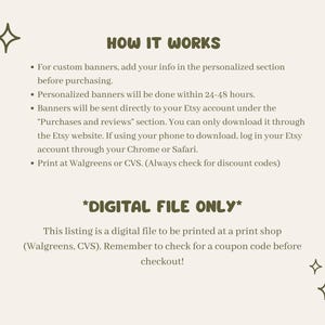 May include: Cream-colored digital file information sheet with the text "HOW IT WORKS" and bullet points detailing the process for custom banners. Includes the text "DIGITAL FILE ONLY" and instructions for printing at Walgreens or CVS.