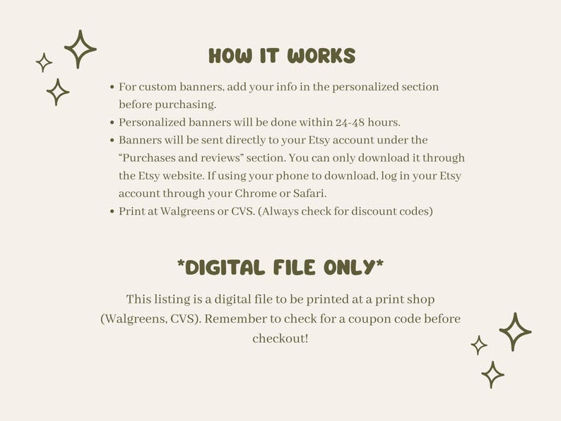 May include: Cream-colored digital file information sheet with the text "HOW IT WORKS" and bullet points detailing the process for custom banners. Includes the text "DIGITAL FILE ONLY" and instructions for printing at Walgreens or CVS.